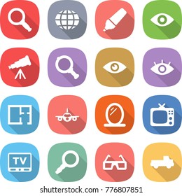 flat vector icon set - magnifier vector, globe, marker, eye, telescope, plan, plane, mirror, tv, 3d glasses, pickup