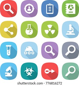 flat vector icon set - magnifier vector, target audience, clipboard, annual report, molecule, round flask, nuclear, microscope, vial, lunar rover, biohazard, electron