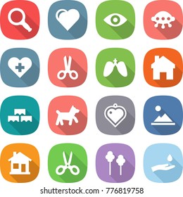 flat vector icon set - magnifier vector, heart, eye, ufo, cross, scissors, lungs, home, block wall, dog, pendant, landscape, trees, hand and drop