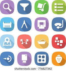 flat vector icon set - magnifier vector, funnel, cargo stoller, list, gothic architecture, drawing compasses, atm, diving mask, map, palm hammock, washing, blocks, photon, usb flash, hob, strawberry