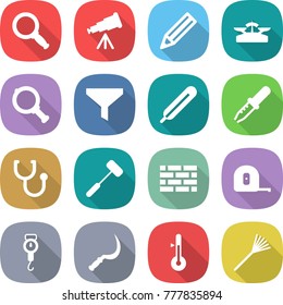 flat vector icon set - magnifier vector, telescope, pencil, scales, funnel, medical thermometer, pipette, stethoscope, doctors hammer, brick wall, measuring tape, handle, sickle, rake