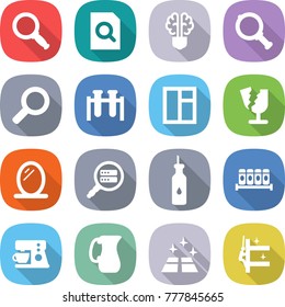 flat vector icon set - magnifier vector, search document, bulb brain, test vial, window, broken, mirror, data, vegetable oil, spices, coffee maker, jug, clean floor, skyscrapers cleaning