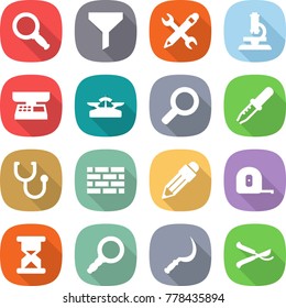 flat vector icon set - magnifier vector, funnel, pencil wrench, microscope, market scales, pipette, stethoscope, brick wall, measuring tape, sand clock, sickle, pruner