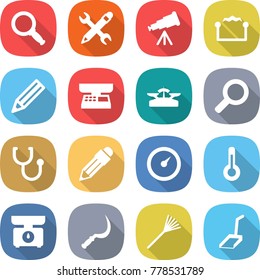 flat vector icon set - magnifier vector, pencil wrench, telescope, electrostatic, market scales, stethoscope, barometer, thermometer, kitchen, sickle, rake, scoop