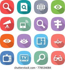 flat vector icon set - magnifier vector, search document, globe, eye, telescope, notebook wireless, singlepost, plan, plane, tv, 3d glasses