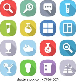 flat vector icon set - magnifier vector, dollar, message, vial, test, flask, window, fragile, acid, chemical, cargo search, cocktail, bulb, measuring cup, clean floor