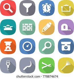 flat vector icon set - magnifier vector, funnel, alarm clock, electrostatic, scales, brick wall, pencil, measuring tape, sand, barometer, kitchen, handle, sickle, pruner, rake