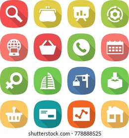 flat vector icon set - magnifier vector, purse, presentation, around gear, notebook globe, basket, phone, calendar, female sign, skyscraper, loading, package, envelope, analytics, house