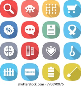 flat vector icon set - magnifier vector, ufo, chip, cart, percent, balloon, recipe, medical harness, brain, skyscrapers, heart pendant, thermometer, fence, welcome mat, battery, shovel