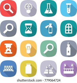 flat vector icon set - magnifier vector, bulb brain, flask, vial, sand clock, potion bottle, arch window, vegetable oil, spices, bank, clean floor, skysrcapers cleaning