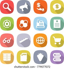 flat vector icon set - magnifier vector, loudspeaker, investment, money message, around gear, atom core, cashbox, recipe, pacemaker, stairs, globe, cart, chest of drawers, sd card, berry, towel