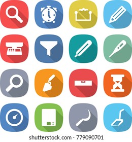 flat vector icon set - magnifier vector, alarm clock, electrostatic, pencil, market scales, funnel, medical thermometer, construction, level, sand, barometer, kitchen, sickle, scoop