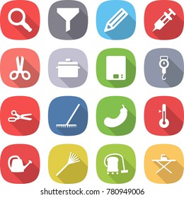 flat vector icon set - magnifier vector, funnel, pencil, syringe, scissors, pan, kitchen scales, handle, rake, eggplant, thermometer, watering can, vacuum cleaner, iron board