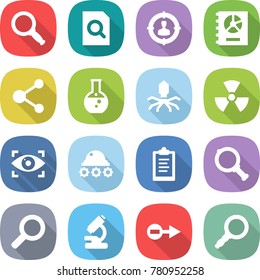 flat vector icon set - magnifier vector, search document, target audience, annual report, molecule, round flask, virus, nuclear, eye identity, lunar rover, clipboard, microscope, electron