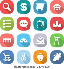 flat vector icon set - magnifier vector, dollar, delivery, ufo, list, balloon, tv, castle, bridge, dome house, office, Chair for babies, rocking, thermometer, strawberry, bug