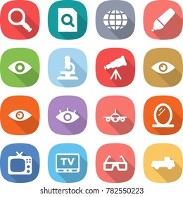 flat vector icon set - magnifier vector, search document, globe, marker, eye, microscope, telescope, plane, mirror, tv, 3d glasses, pickup