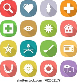 flat vector icon set - magnifier vector, heart, spark plug, medical cross, eye, virus, house, starfish, drawing pen, ladle, grill oven, horseshoe, flower, sun, toilet paper