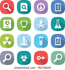 flat vector icon set - magnifier vector, search document, target audience, clipboard, annual report, hex molecule, virus, flask, nuclear, microscope, vial, biohazard, electron