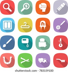 flat vector icon set - magnifier vector, dollar, virtual mask, pencil, power switch, hanger, led, skimmer, big spoon, mixer, toaster, thermometer, horseshoe, pruner, sweeper, brush