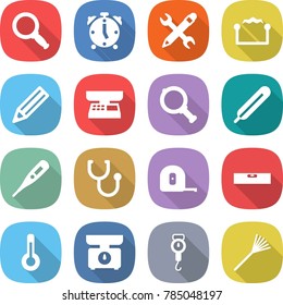 flat vector icon set - magnifier vector, alarm clock, pencil wrench, electrostatic, market scales, medical thermometer, stethoscope, measuring tape, level, kitchen, handle, rake