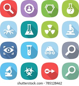 flat vector icon set - magnifier vector, target audience, hex molecule, round flask, virus, nuclear, microscope, eye identity, vial, lunar rover, biohazard, electron