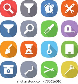 flat vector icon set - magnifier vector, funnel, alarm clock, pencil wrench, pipette, measuring tape, construction, sand, thermometer, kitchen scales, sickle, pruner, rake