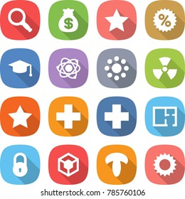 flat vector icon set - magnifier vector, money bag, star, percent, graduate hat, atom, round around, nuclear, medical cross, plan, lock, 3d, mushroom, sun