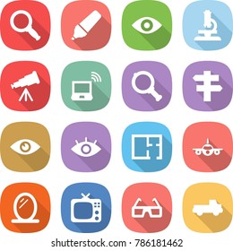 flat vector icon set - magnifier vector, marker, eye, microscope, telescope, notebook wireless, singlepost, plan, plane, mirror, tv, 3d glasses, pickup