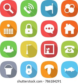 flat vector icon set - magnifier vector, call, flag, atom core, sun power, lock, balloon, home, building helmet, outdoor light, flower in window, phone, bucket, mushroom, fish