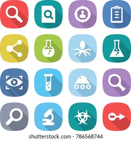 flat vector icon set - magnifier vector, search document, target audience, clipboard, molecule, round flask, virus, eye identity, vial, lunar rover, microscope, biohazard, electron