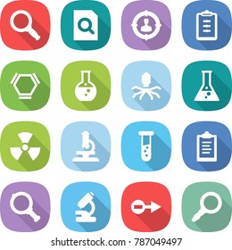 flat vector icon set - magnifier vector, search document, target audience, clipboard, hex molecule, round flask, virus, nuclear, microscope, vial, electron