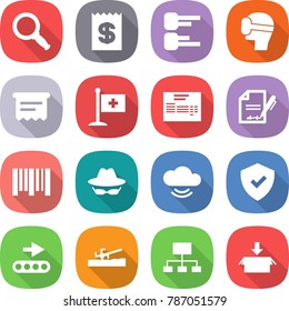 flat vector icon set - magnifier vector, receipt, diagram, virtual mask, atm, medical flag, invoice, inventory, bar code, confidential, cloud service, shield, conveyor, soil cutter, hierarchy