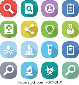 flat vector icon set - magnifier vector, search document, target audience, clipboard, annual report, molecule, hex, round flask, virus, microscope, vial, biohazard