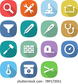 flat vector icon set - magnifier vector, pencil wrench, microscope, electrostatic, funnel, medical thermometer, stethoscope, doctors hammer, brick wall, measuring tape, barometer, kitchen scales