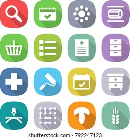 flat vector icon set - magnifier vector, calendar, round around, nano tube, basket, list, recipe, archive, cross, repair, terms, nightstand, drawing pen, circuit, mushroom, spike