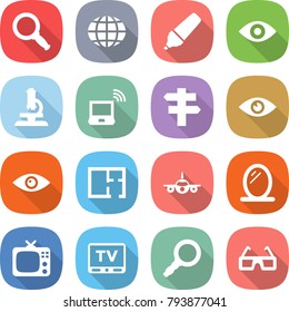 flat vector icon set - magnifier vector, globe, marker, eye, microscope, notebook wireless, singlepost, plan, plane, mirror, tv, 3d glasses