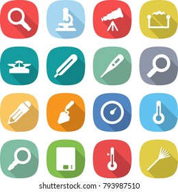 flat vector icon set - magnifier vector, microscope, telescope, electrostatic, scales, medical thermometer, pencil, construction, barometer, kitchen, rake