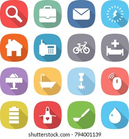 flat vector icon set - magnifier vector, portfolio, mail, lightning, home, phone, bike, hospital, restaurant, bath, laser, wireless mouse, battery, apron, ladle, drop