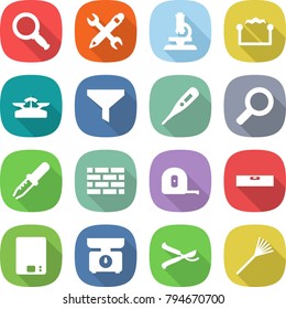flat vector icon set - magnifier vector, pencil wrench, microscope, electrostatic, scales, funnel, medical thermometer, pipette, brick wall, measuring tape, level, kitchen, pruner, rake