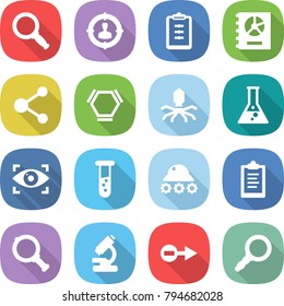flat vector icon set - magnifier vector, target audience, clipboard, annual report, molecule, hex, virus, flask, eye identity, vial, lunar rover, microscope, electron