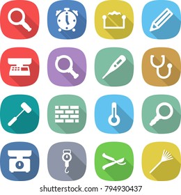 flat vector icon set - magnifier vector, alarm clock, electrostatic, pencil, market scales, medical thermometer, stethoscope, doctors hammer, brick wall, kitchen, handle, pruner, rake