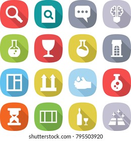 flat vector icon set - magnifier vector, search document, message, bulb brain, round flask, wineglass, building, window, cargo top sign, acid, chemical, sand clock, wine, clean floor