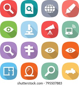 flat vector icon set - magnifier vector, search document, globe, marker, eye, microscope, telescope, notebook wireless, singlepost, plan, mirror, pickup