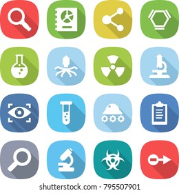 flat vector icon set - magnifier vector, annual report, molecule, hex, round flask, virus, nuclear, microscope, eye identity, vial, lunar rover, clipboard, biohazard, electron
