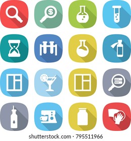 flat vector icon set - magnifier vector, dollar, round flask, vial, sand clock, test, potion bottle, window, cocktail, data search, vegetable oil, coffee maker, bank, wiping