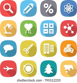 flat vector icon set - magnifier vector, pencil, percent, atom, table lamp, cardio chip, calculator, virus, brain, surgical clamp, houses, modern architecture, plane, orbit, spruce, spot