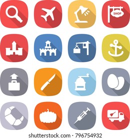 flat vector icon set - magnifier vector, plane, table lamp, shop signboard, castle, fort, loading, anchor, baggage, knife, hand mill, eggs, croissant, pumpkin, syringe, home call cleaning