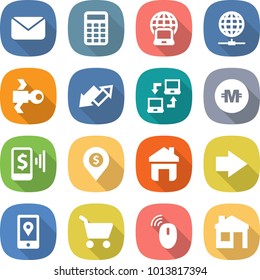 flat vector icon set - mail vector, calculator, notebook globe, connect, satellite, up down arrow, crypto currency, mobile pay, dollar pin, home, right, location, cart, wireless mouse, house