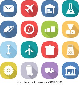 Flat Vector Icon Set - Mail Vector, Plane, Warehouse, Flask, Up Down Arrow, Info, Sorting, Security Man, Laser, Windmill, Pan, Grater, Flower, Trash Bin, Sweeper, Utility Room