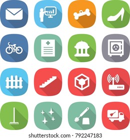 flat vector icon set - mail vector, presentation, bone, shoes, bike, recipe, goverment house, safe, fence, stairs, 3d, router, rake, shining, toilet brush, home call cleaning
